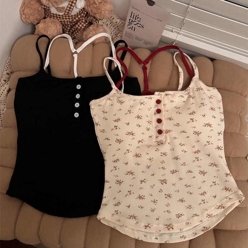 H330 Pure & Sexy Floral Button Crop Top with Built-in Bra for Women