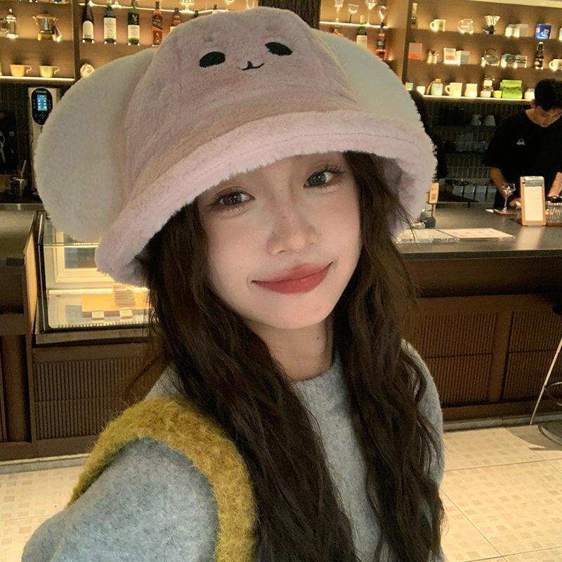 Puppy ears plush bucket hat female winter cute student versatile small face thickened warm basin hat