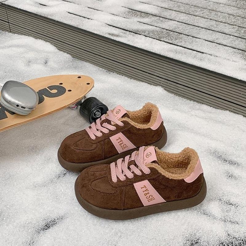 Winter  Vintage Warm Low Top Thick Sole Cotton Shoes for Women Color Blocked Versatile Plush Comfortable Chunky Sneakers