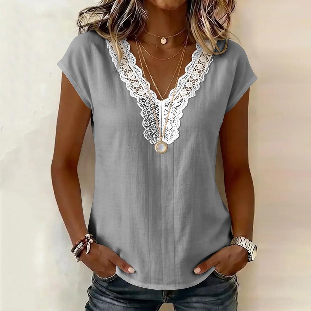 Women Casual Pullover Top V Neck Lace Trim Stitching Short Sleeve Blouse Lightweight Loose Fit Shirt for Everyday Wear