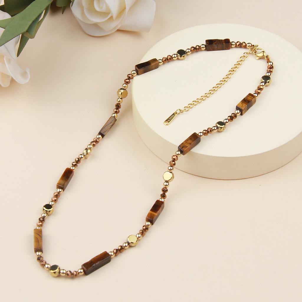 Collier de perles vintage chinois pour femme, nouveau design Instagram unique, chaîne de collier en pierre œil de tigre naturelle, chaîne de pull