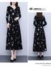 Spring & Fall V-Neck A-Line Dress for Middle-aged Women: Mid-length, Printed, Waist-cinching, Wide Hem