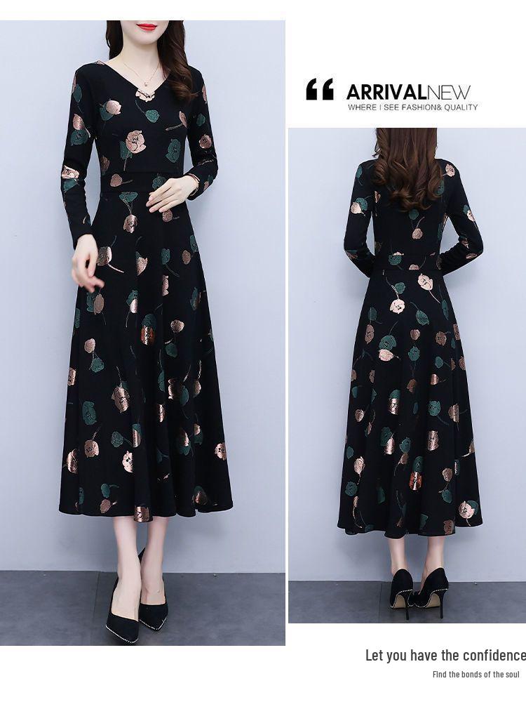 Spring & Fall V-Neck A-Line Dress for Middle-aged Women: Mid-length, Printed, Waist-cinching, Wide Hem