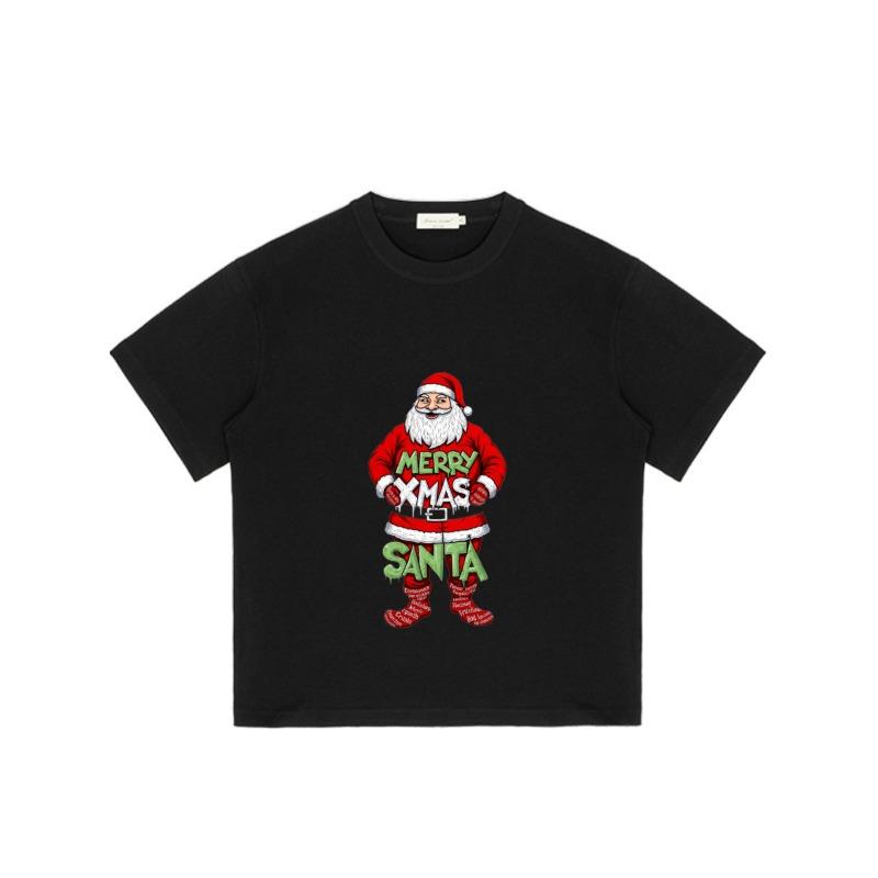 Black T-Shirt Merry Xmas Santa Claus Print Christmas Holiday Wear
