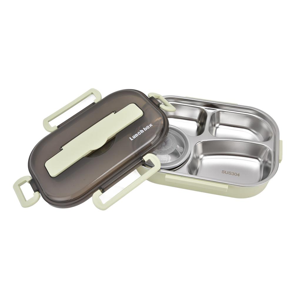 Przenośny Pojemnik na Lunch dla Dzieci ze Stali Nierdzewnej 304, 1,3L, Czterokomorowy Bento Box z Miseczką na Zupę, Pałeczkami i Łyżką, Zielony