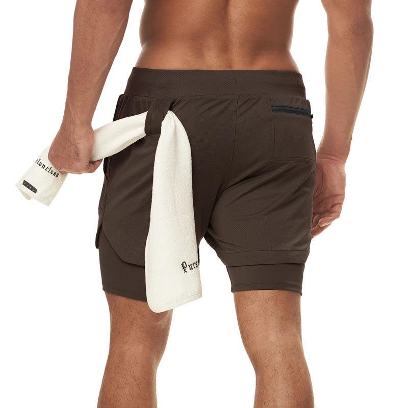 Men's Double Layer Color Block Sports Shorts with Hang Towel - Breathable, Solid Color Fitness Running Shorts.