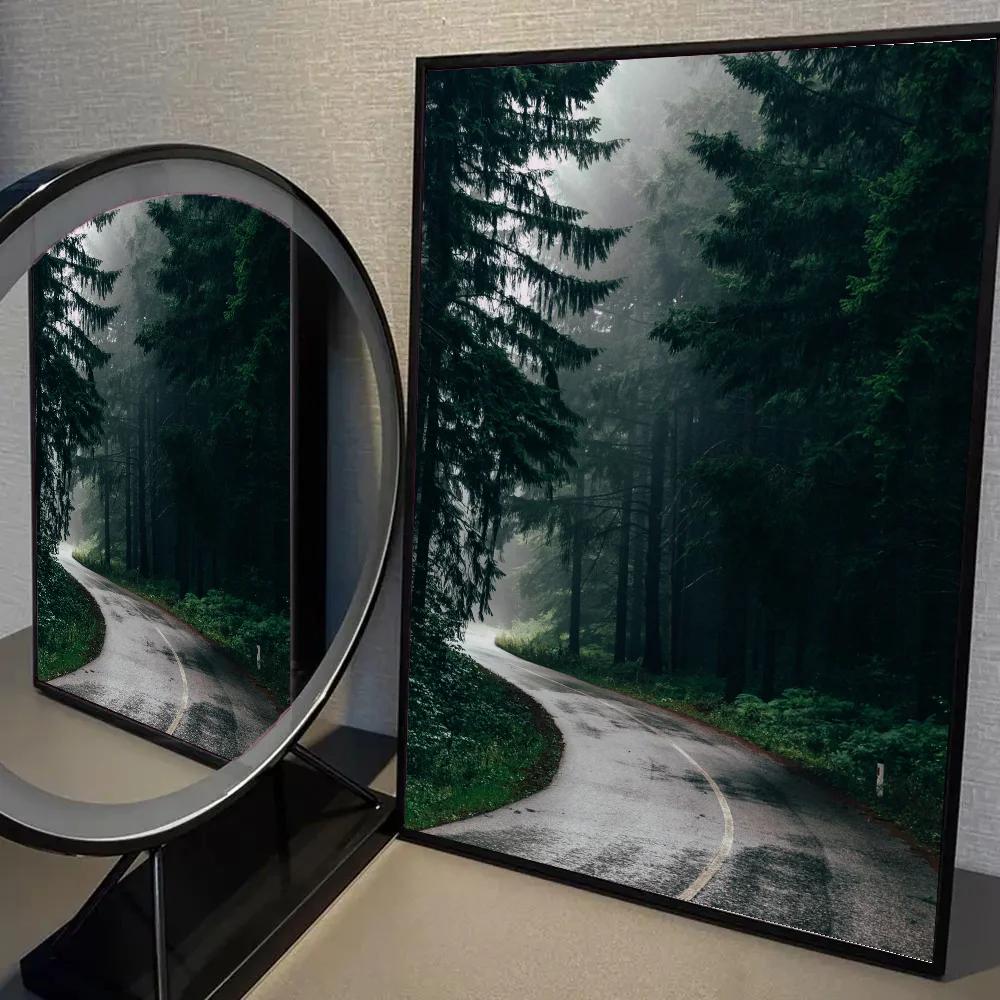 1 Stück Dunkelgrüne Wald Neblige Berglandschaft Natur Szenerie Poster Selbstklebend Kunst Wasserdichtes Papier Aufkleber Wanddekor
