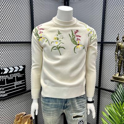 Marque de mode Pull personnalisé brodé de fleurs pour hommes en hiver Haut chaud épaissi Col rond Manches longues