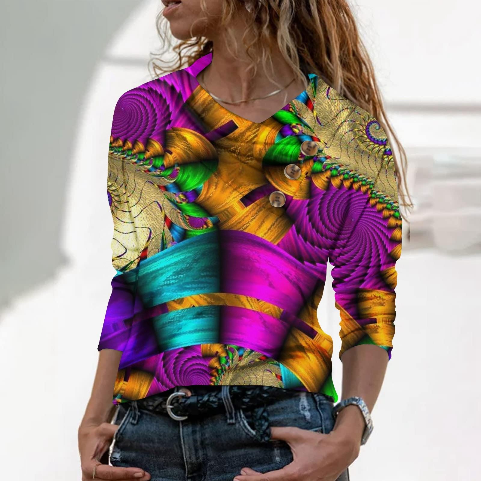 

Жіноча повсякденна сорочка з V-подібним вирізом і довгими рукавами з модною футболкою з принтом XL фіолетовий