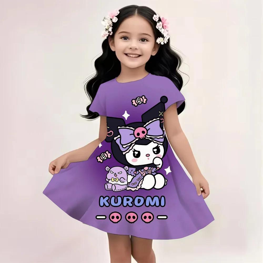 2025 Summer Girls Dress Fashion Cartoon Cute Cinnamoroll &Hello Kitty 3D Printing Dresses Kids Short Sleeve Princess Clothing