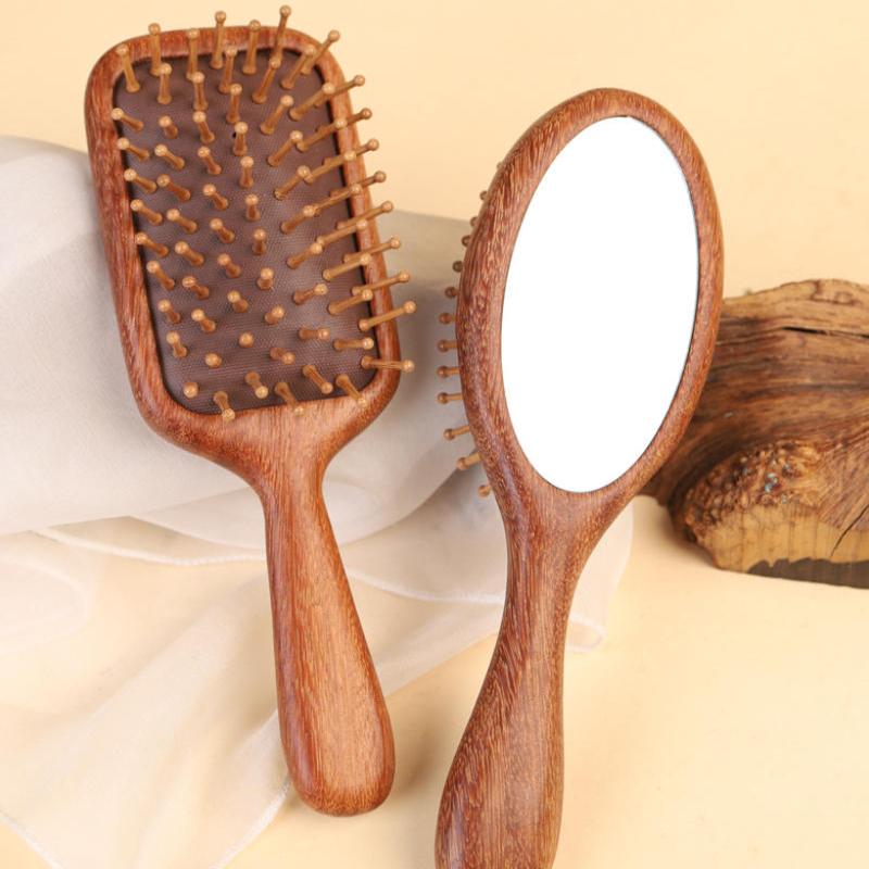 Mirror Comb 2-In-1 Sandalwood Air Cushion Comb - Fine-Toothed, Scalp Massaging Hairbrush For All Hair Types Scalp Massage
