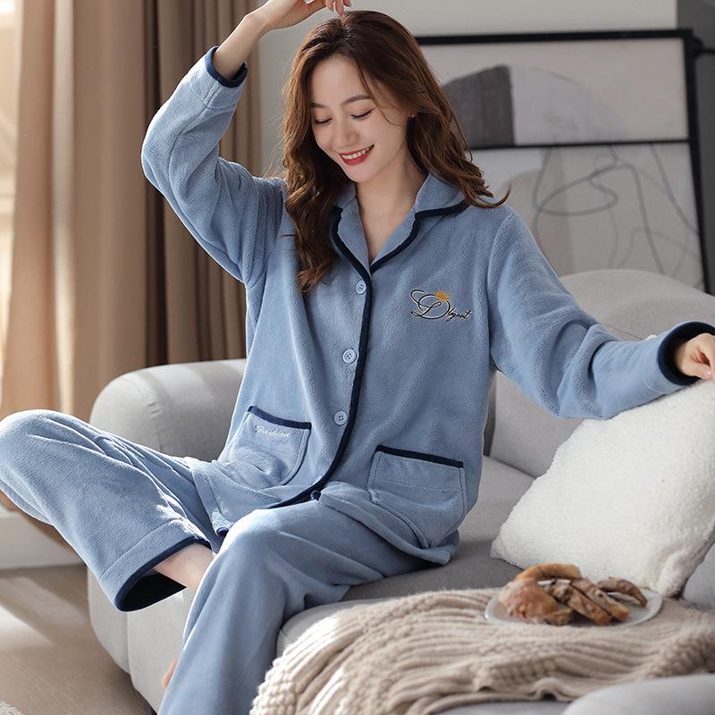 Pajamas Women'S Autumn And Winter Coral Fleece Thickened And Fleece Can Be Worn Outside Loungewear Flannel Warm Suit