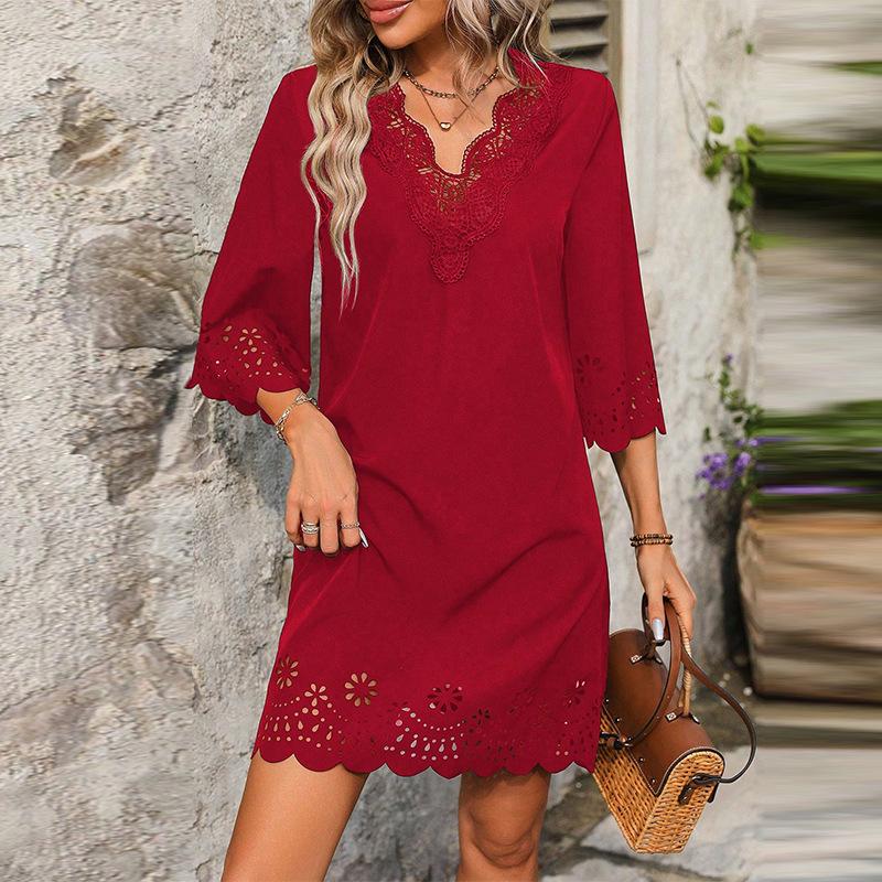 women s Loose Fit Eyelet Cutout Midi Dress Elegant V Neck 3/4 Sleeve Lace Trim A Line Sundress S бордовый