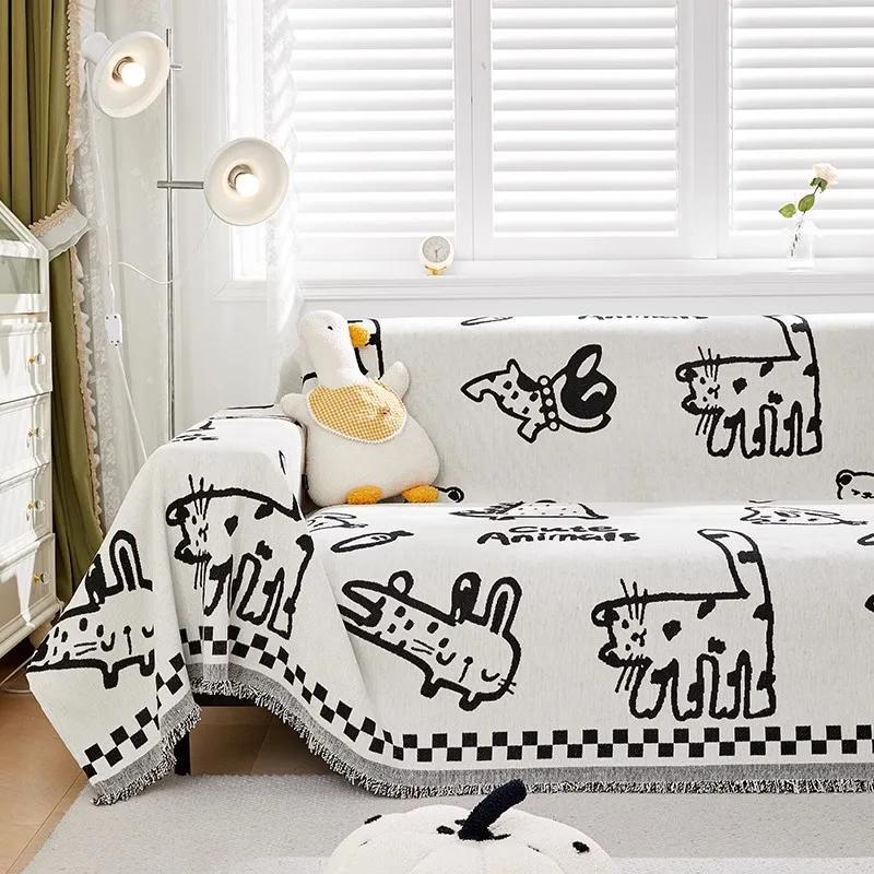 Kalınlaştırılmış Şönil Kumaş Kanepe Örtüsü Modern Basit Çizgi Film Desenli Sevimli Kanepe Kılıfı Kumaşı