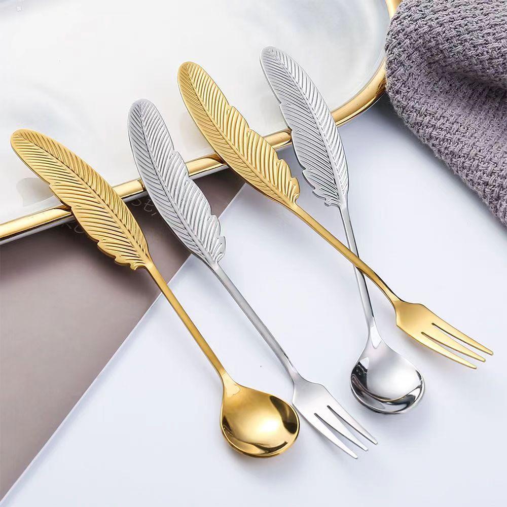 1Pcs Creative 304 Stainless Steel Spoon Feather Spoon Fork Coffee Spoon Christmas Gifts Kitchen Accessories Tableware Decoration