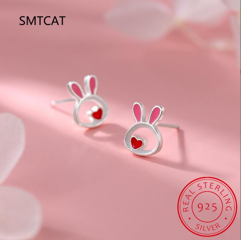 Real 925 Silver Kids Earring New Cute Heart Rabbit Stud Earrings For Daughter Girls Fine Jewelry Gift DG0193