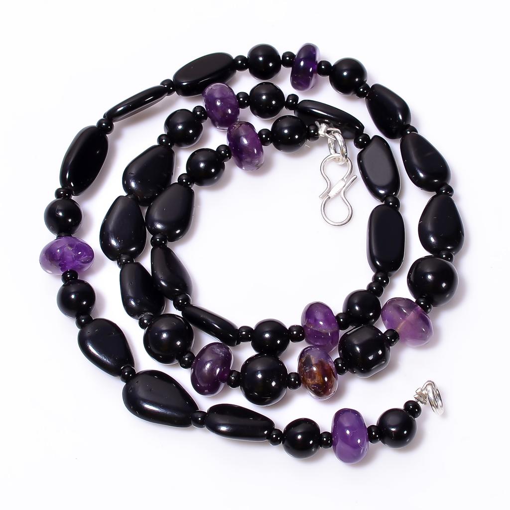 Natural Black Onyx Amethyst Mix Shape Gemstone Smooth Beads Necklace 7-13 Mm 18" UB-8648