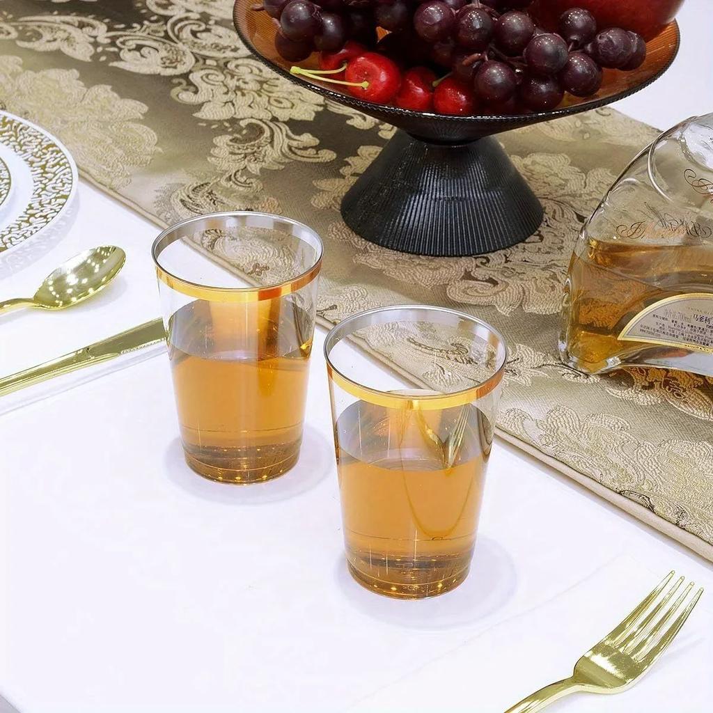 50/100 ks 10oz čiré plastové kelímky se zlatým okrajem, elegantní jednorázové plastové sklenice na víno pro svatby a večírky