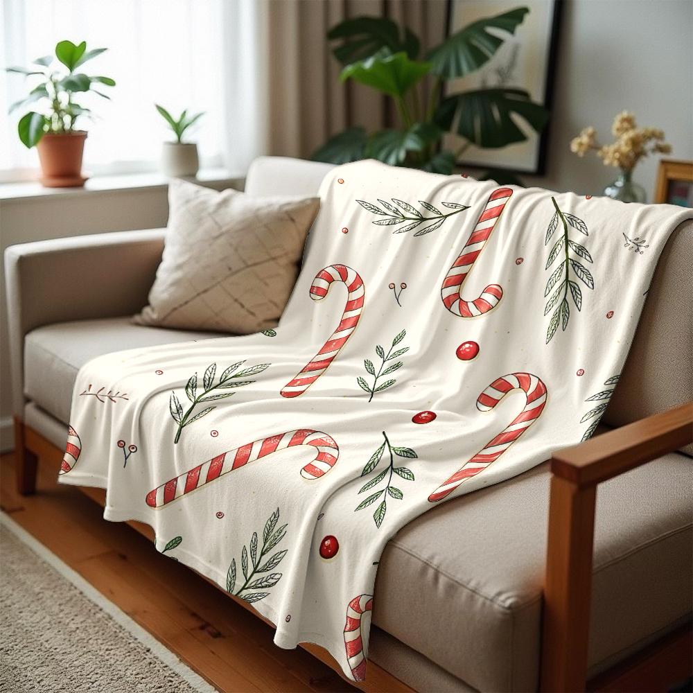 Cream Candy Cane Branch Soft Flannel Blanket Breathable Warm Throw for Office Car Sofa Kids Room Birthday Xmas Gift
