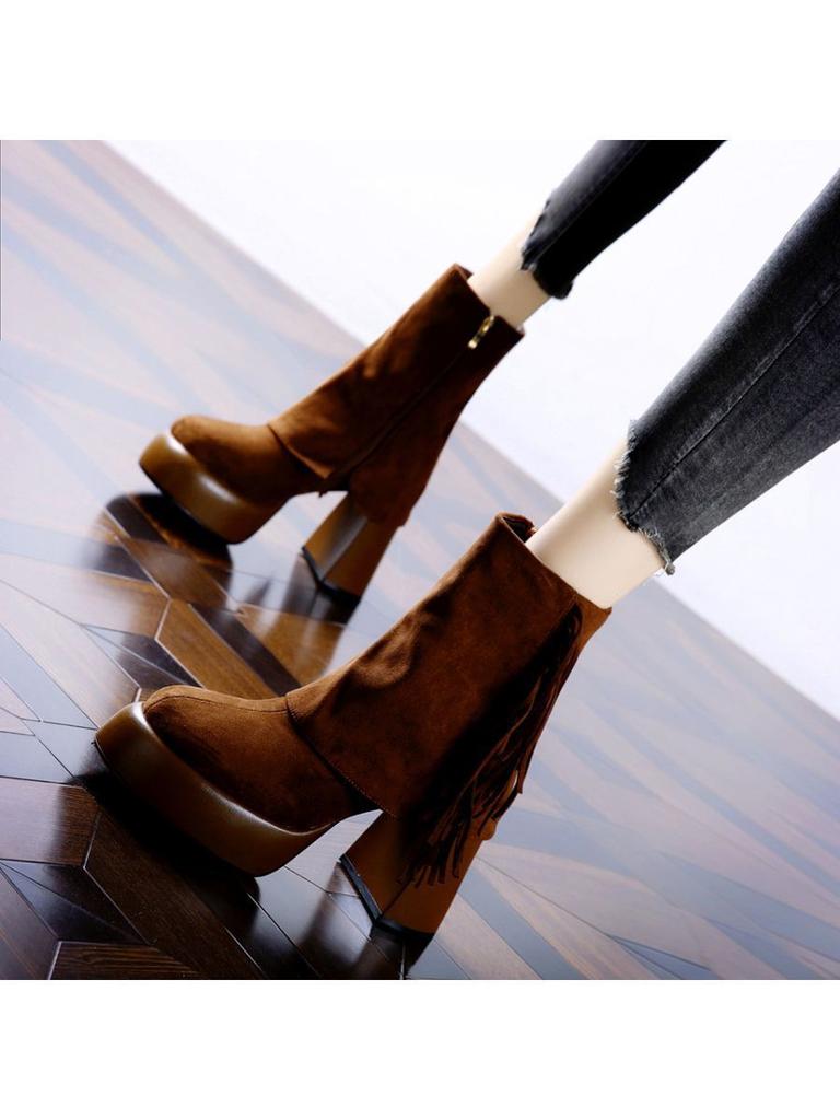 Thick-soled Matte Fringed Short Boots 2025 Autumn and Winter New Retro Waterproof Table Super High Heel Boots Fleece Pants Tube Boots Women