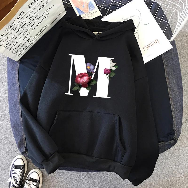 Hot Sales Womens Hoodies Casual Letters A-Z Printing Sweatshirts Sportswear Outdoors Sports Jogging Woman Clothing Black Tops