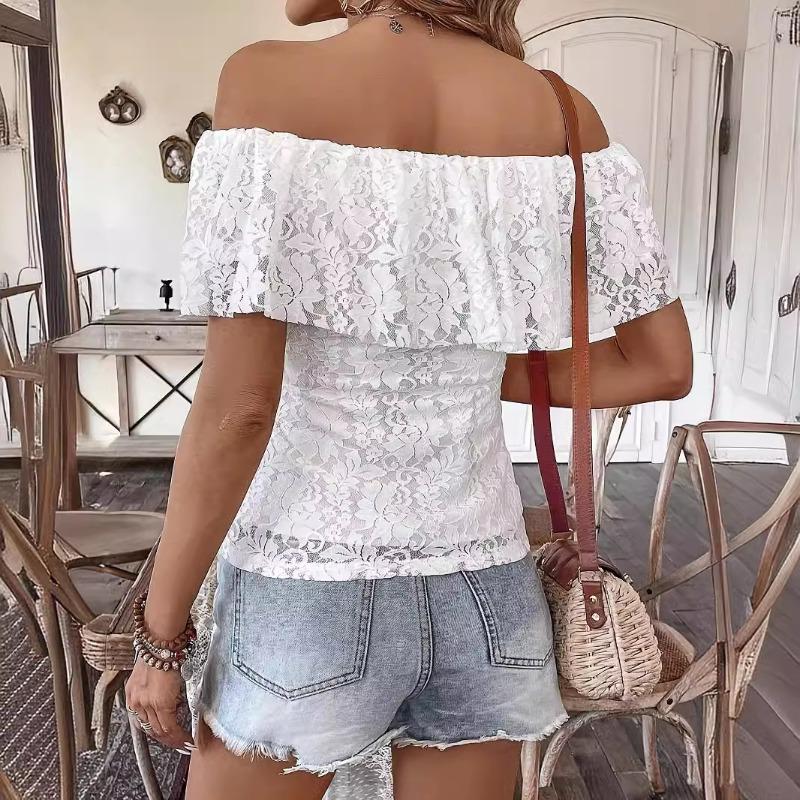 Women Solid Color Off Shoulder Ruffle Lace Slim Fit Short Sleeve T Shirt Top