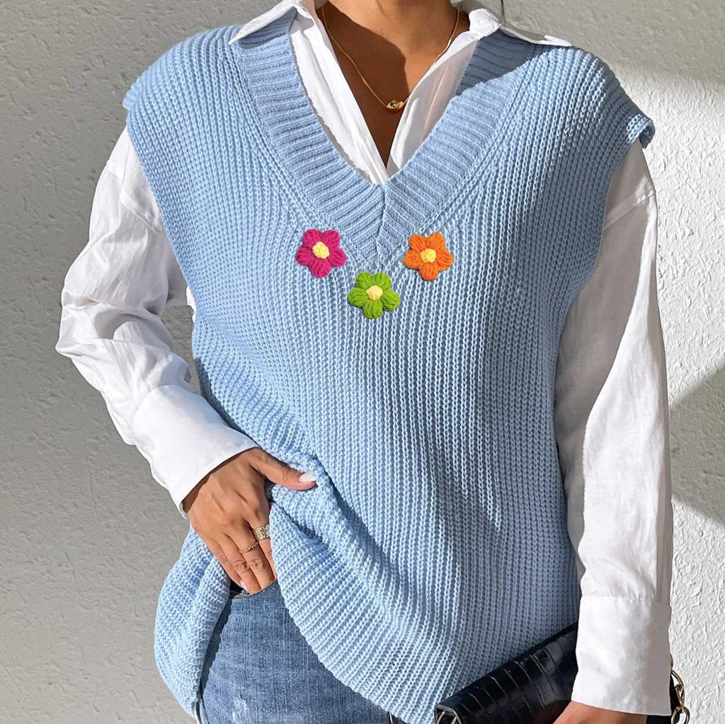 Women's Vest European and American Women's Clothing Spring and Autumn V-neck Simple Vest Hand Crochet Splicing Machine-woven Sweater Vest