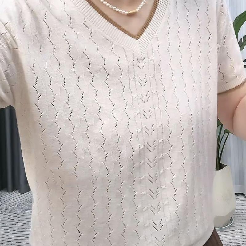 V-neck Hollow Jacquard Knitted Shirt Short Sleeved Summer Versatile Thin Top