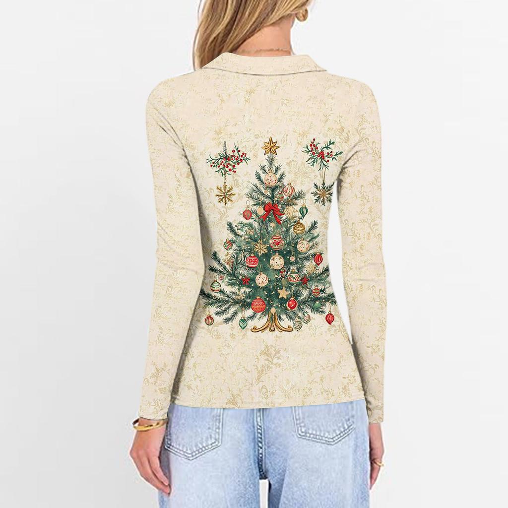 Damenmode Lässig Weihnachts-Print V-Ausschnitt Langarm Knopfleiste Oberteil