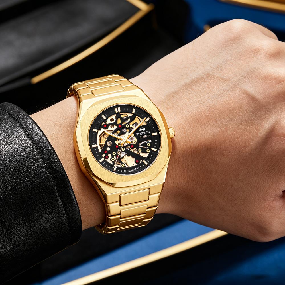 Automatic Mechanical Watches for Men Skeleton Hollow Dial Luminous Wrist Watch Steel Strap Square Case Watch Waterproof