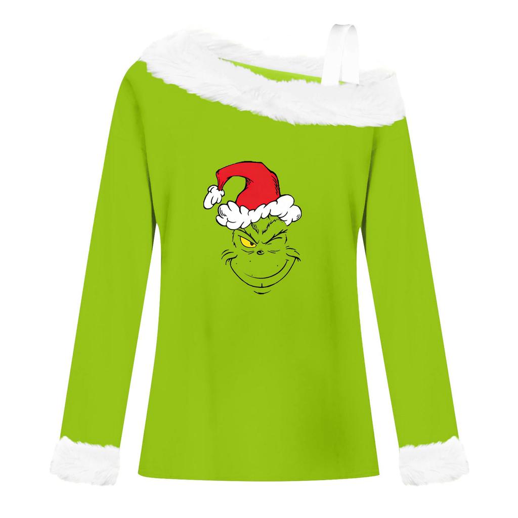 Women's Casual Fashion Sexy Off-Shoulder Collar Christmas Pattern Long Sleeve Crewneck T-Shirt Top