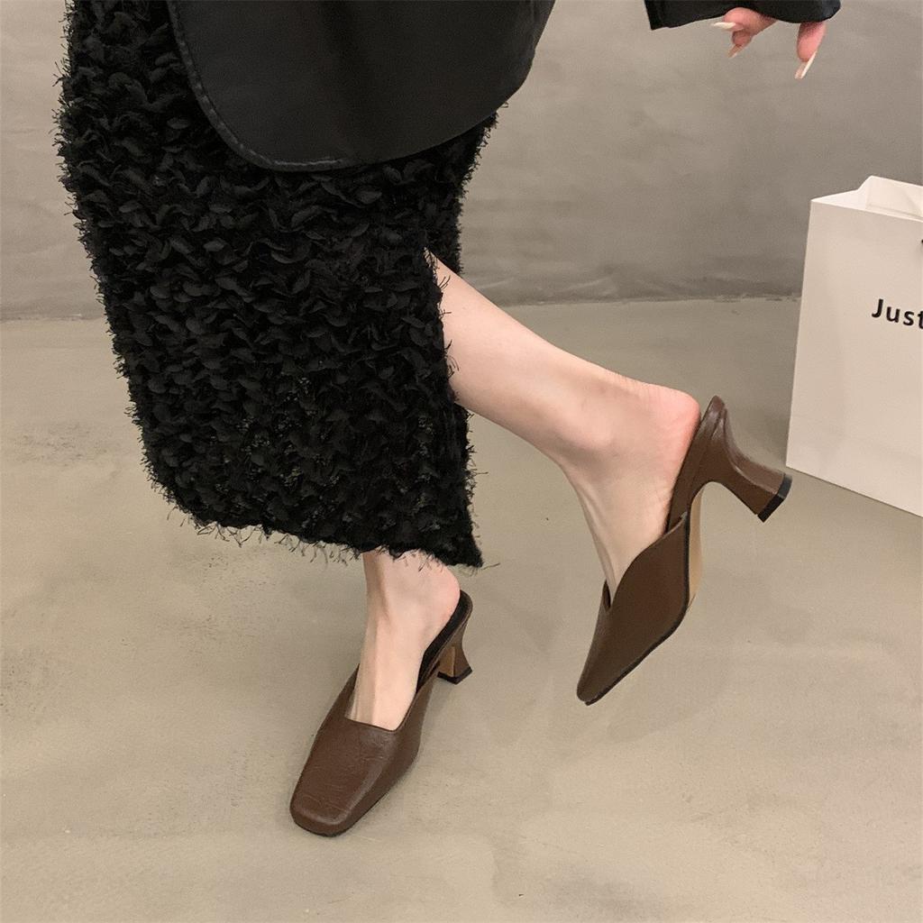 Temperament high-heeled bag head half slippers outer wear women's shoes spring and summer 2025 new thick heel not tired feet shallow mouth single sho