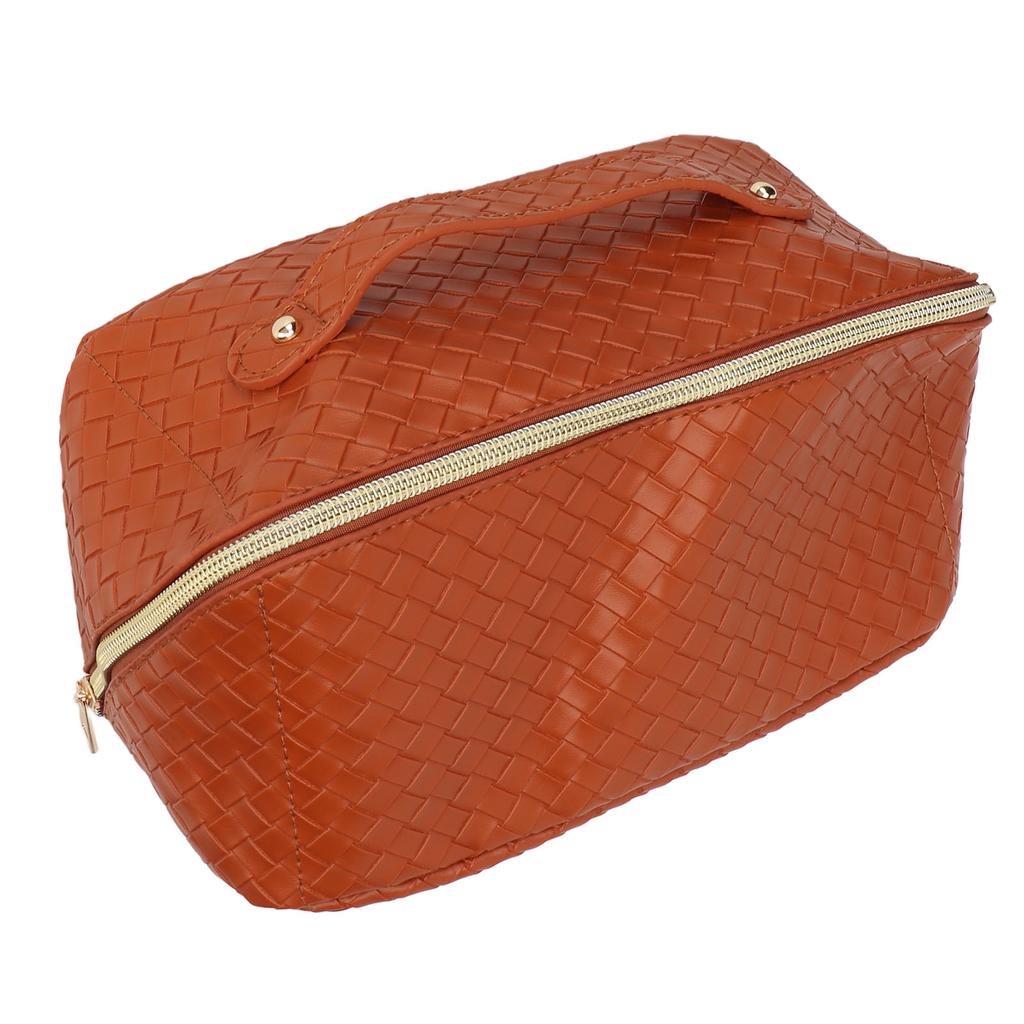 Makeup Storage Bag PU Leather Woven Pattern Zipper Closure Cosmetic Organize Pouch for Travel Brown