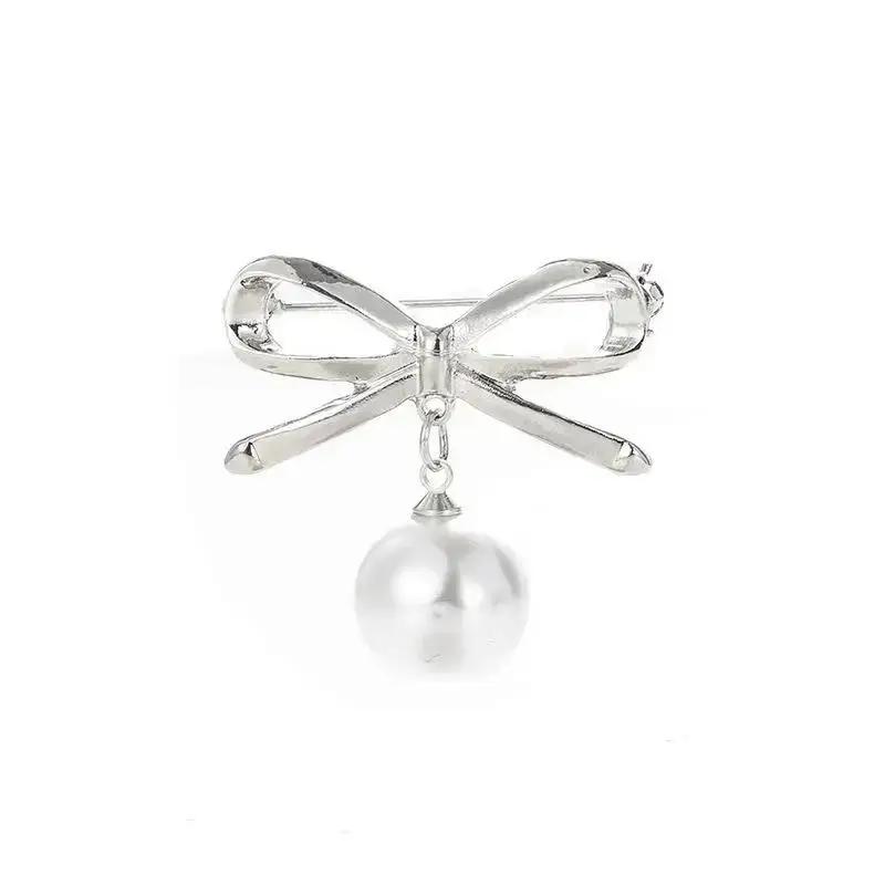 Elegant Simple Bow Brooches For Women Bowknot Pin Pearl Pendant Safety Lapel Pins Wedding Jewelry Body Accessories Creative Gift