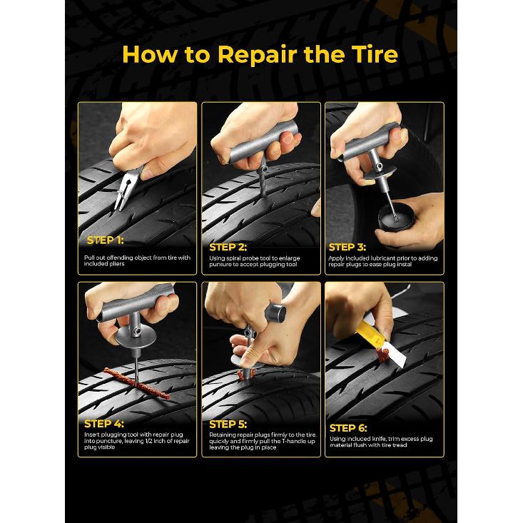 Tire Repair Kit With Plugs Fix Punctures & Plug Flats With Ease - Heavy Duty Flat Tire Puncture Repair Kit For Car, Motorcycle, ATV, UTV, RV,