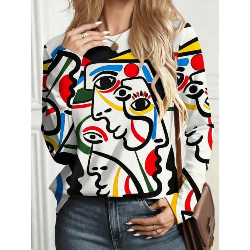 Autumn and Winter Women's 3D Printed Crew Neck Long Sleeve T-Shirt