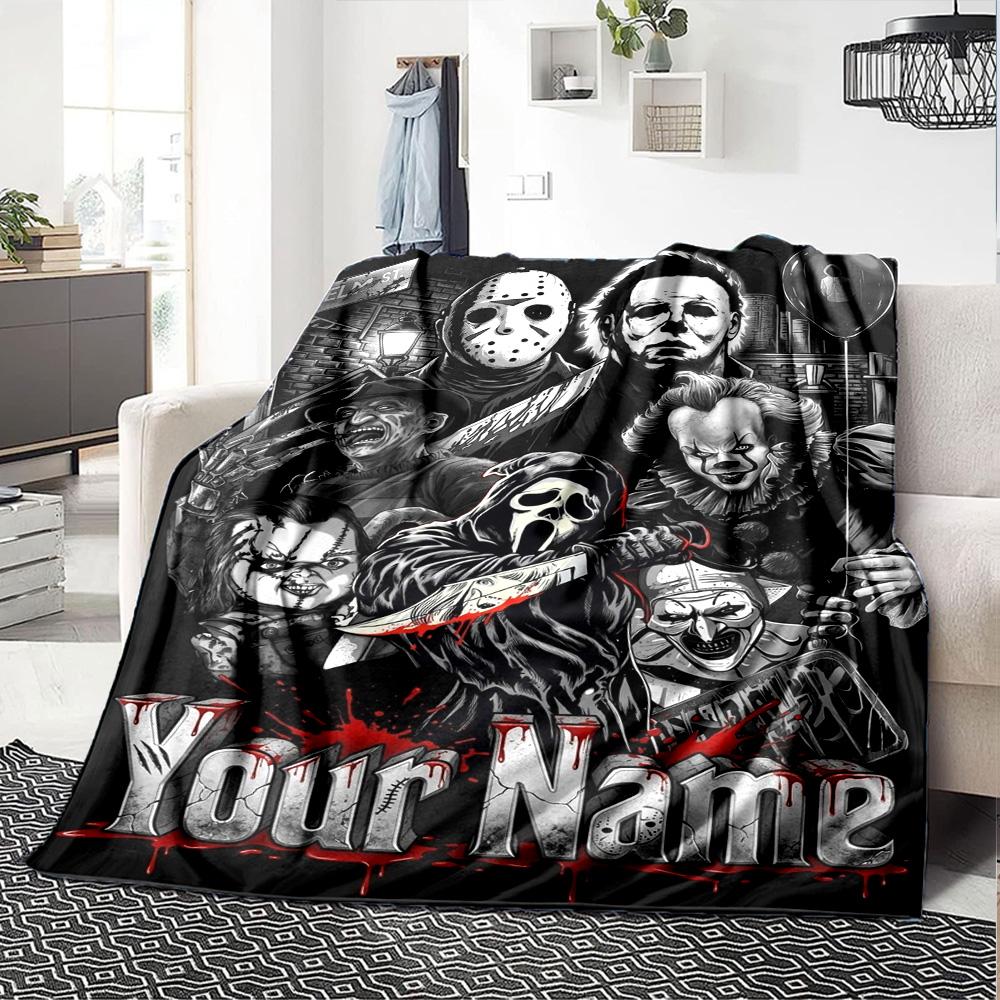 Name Custom Horror Themed Print Flannel Blanket High Quality Warm Comfortable Cover for All Seasons Perfect for Gifts Home Decor