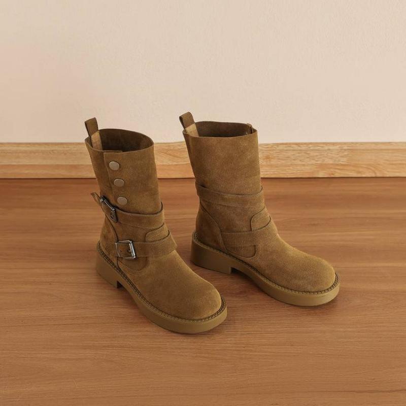 Autumn and winter rubber thick-soled large-size women's boots side zipper leather knight boots round head versatile new cow flip medium boots