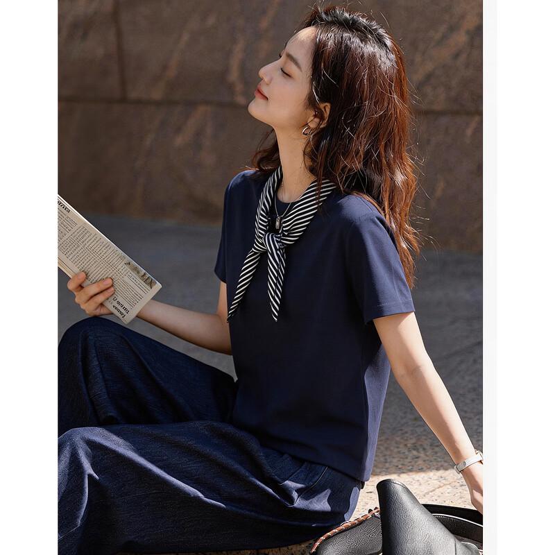 Demana Women's Striped Ribbed Tie-Neck T-Shirt