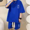 2 Pcs/Set Men Summer Tracksuit Cartoon Bear Korean Style Half Sleeves Sports Drawstring Casual Top Shorts Suit Male Clothes