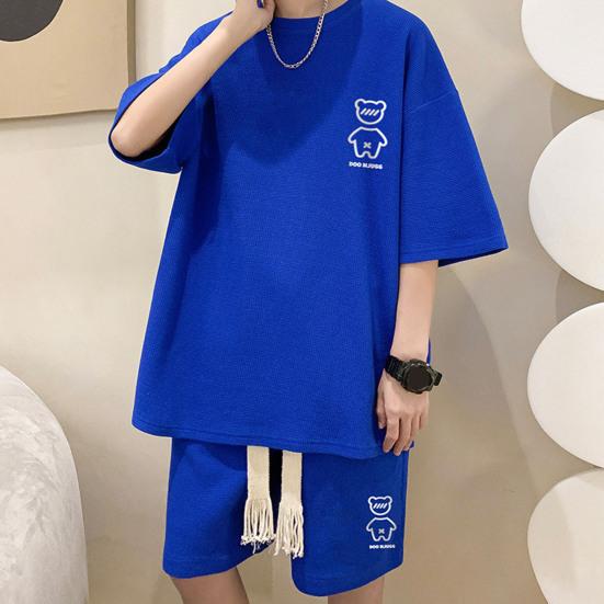 2 Pcs/Set Men Summer Tracksuit Cartoon Bear Korean Style Half Sleeves Sports Drawstring Casual Top Shorts Suit Male Clothes