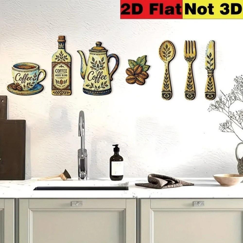 7Pcs Rustic Distressed Coffee Utensil Wooden Ornament Coffee Wall Sticker Hangings Halloween