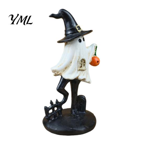 Hand Painted Resin Ghost Decor Halloween Figurine, Vintage Cute Holding Unique Gothic Room Accents Pumpkin Lantern Statue for Indoor Home Table