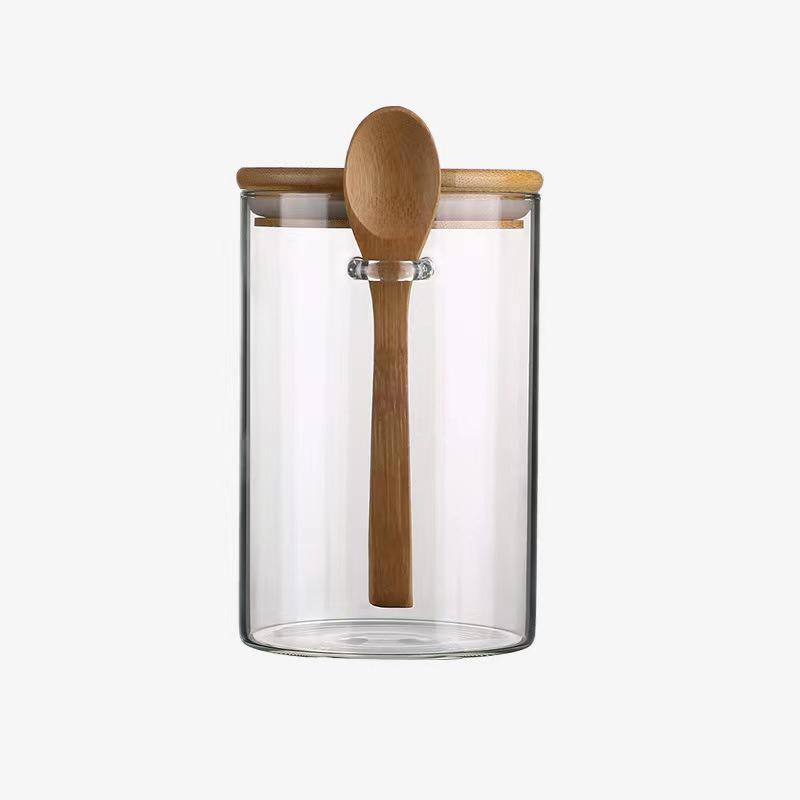 

Transparent Glass Spice Jars with Wood Lids and Spoons for Coffee Beans