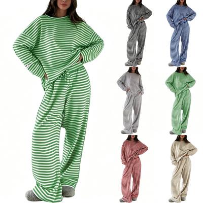 Women's Striped 2 Piece Set with Long Sleeve Top and High Waisted Pants