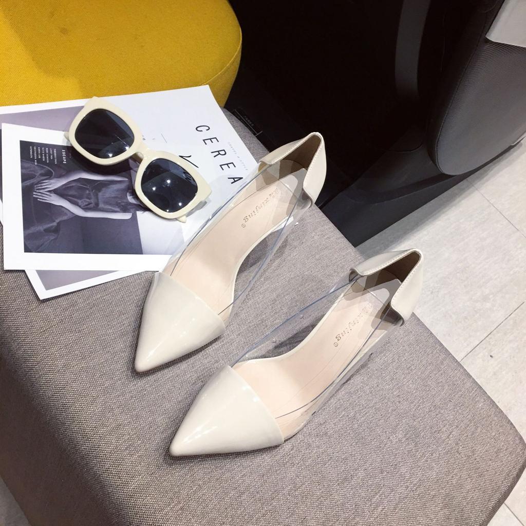 Fashion pointed toe leather patchwork transparent high heels shoes woman candy yellow pumps stiletto thin heel clear escarpins femme