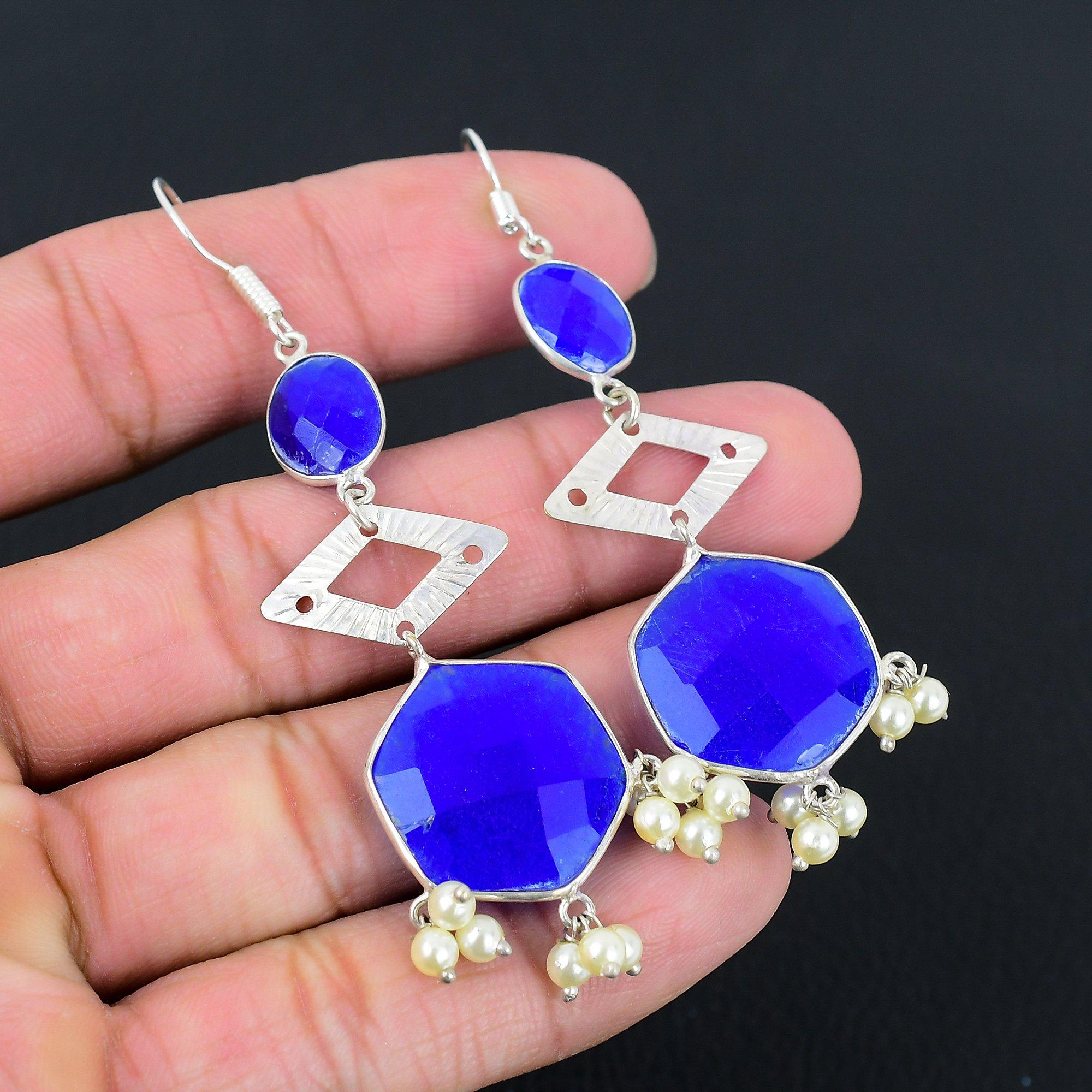 

Sterling Silver Blue Sapphire Gemstone Wedding Drop Dangle Boho Earrings Jewelry