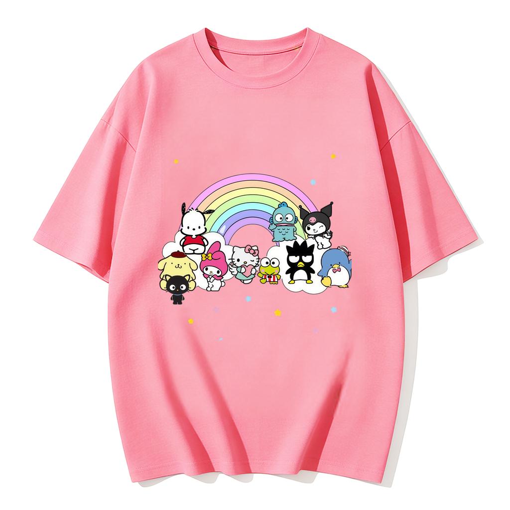 2026 New Sanrio Characters Rainbow Cartoon Print Tshirt Family Matching Outfits Casual Short Sleeve Tee for Women Unisex Kids Tees
