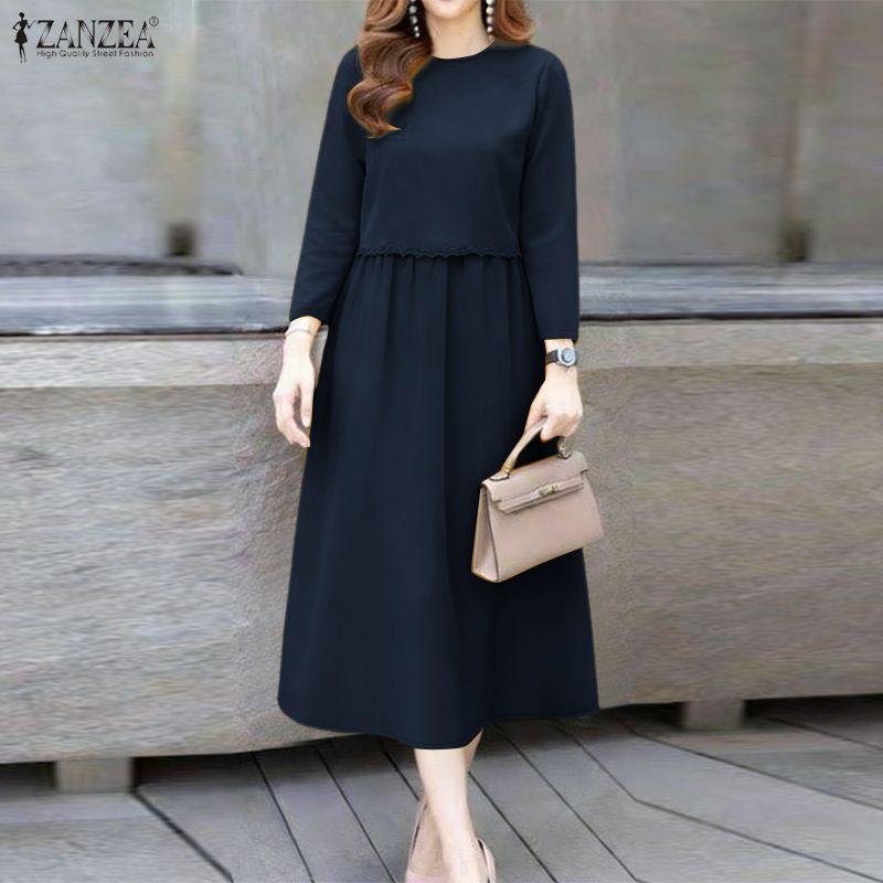 ZANZEA Women Casual Round Neck 3/4 Sleeve Loose Dress