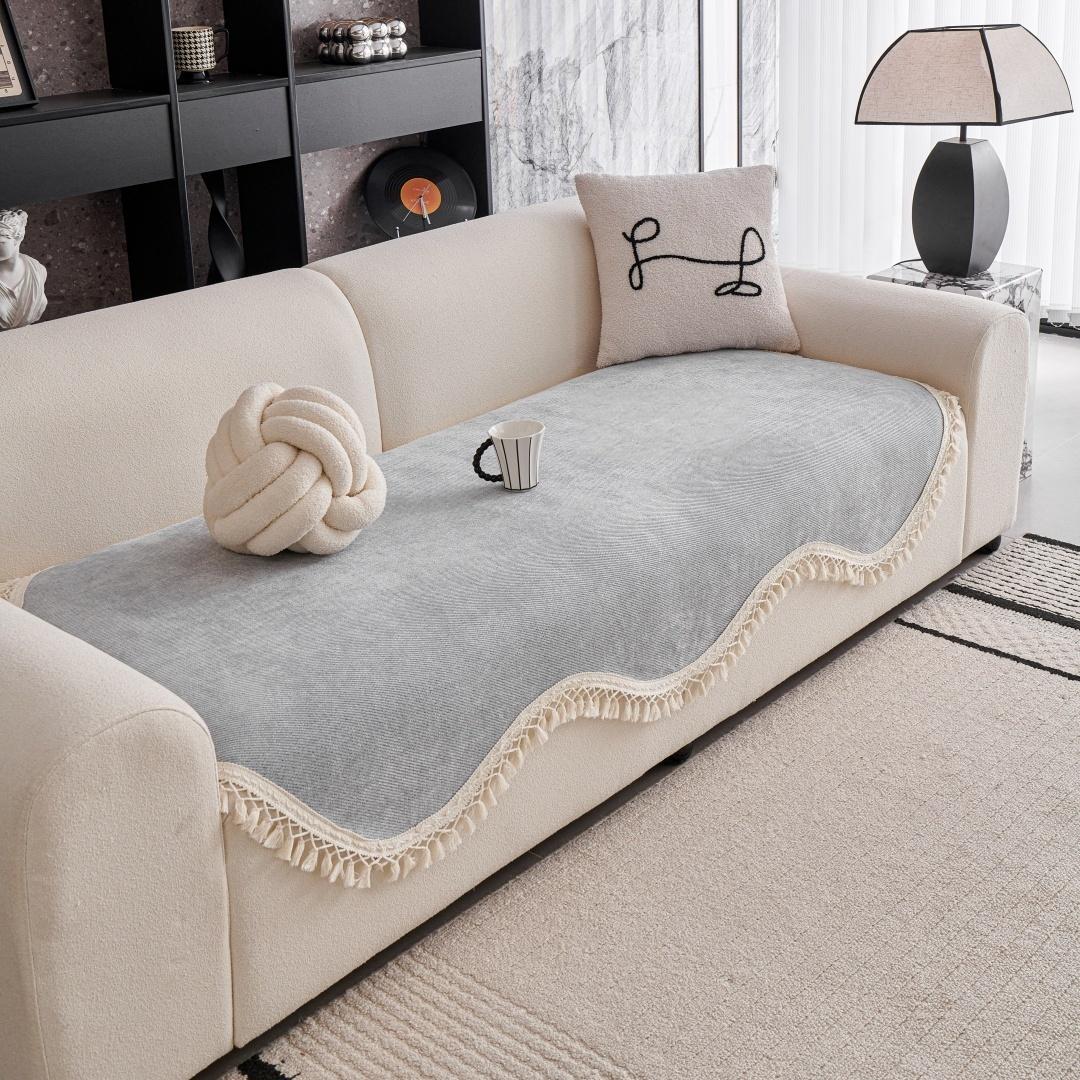

1 шт. Плотный классический твил шениль нескользящий чехол для дивана уникальной изогнутой формы с кисточками тяжелое диванное полотенце украшение моющийся 90*90cm светло-серый